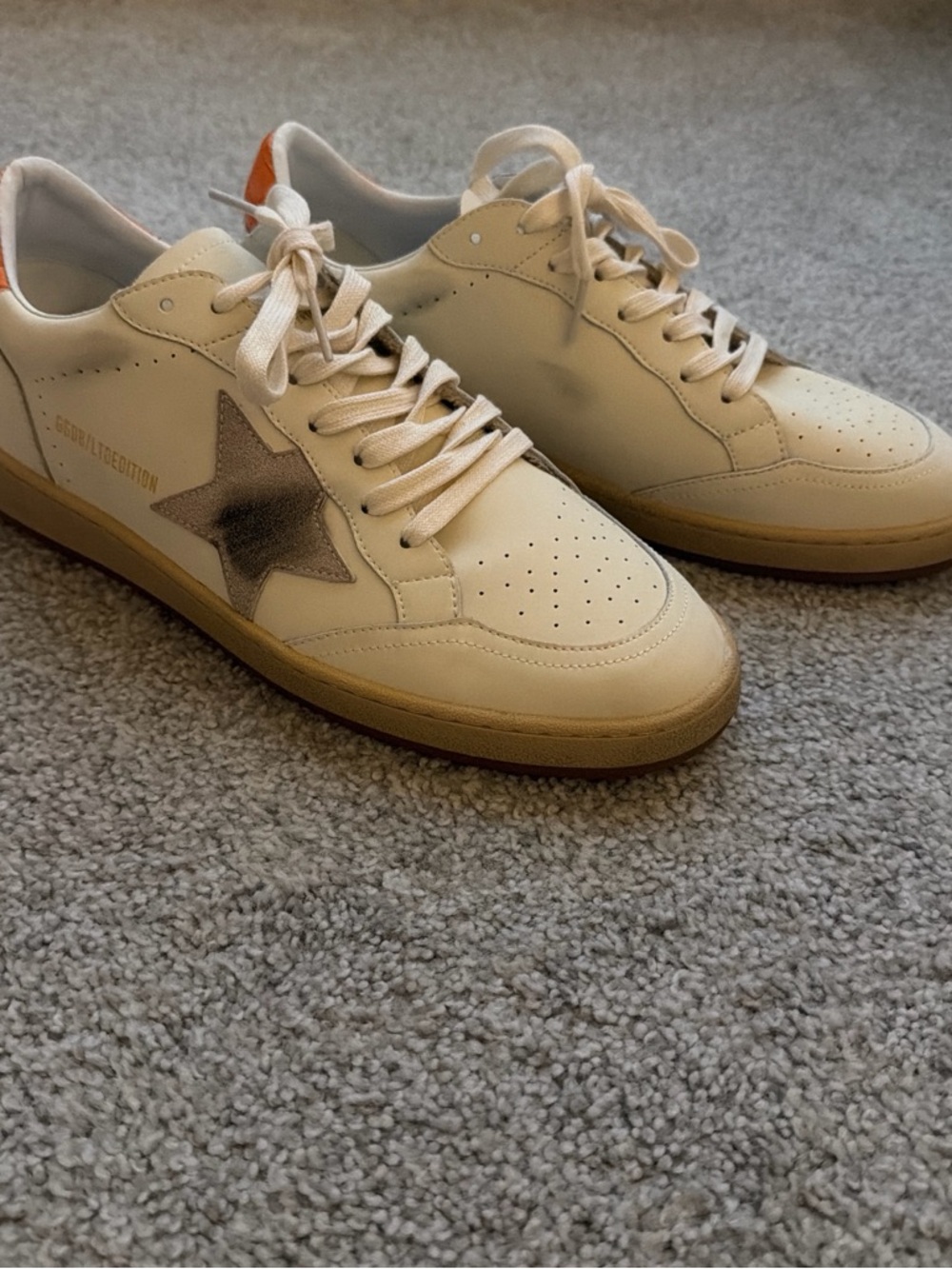 Golden Goose Women’s Cream Leather Sneakers with Silver Star and Orange Heel Tab